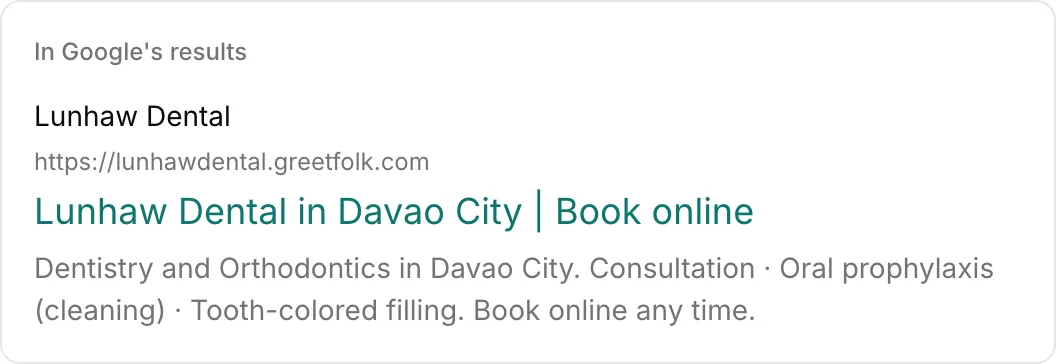How a dental clinic's home page would look in Google's results, as the dashboard previews it