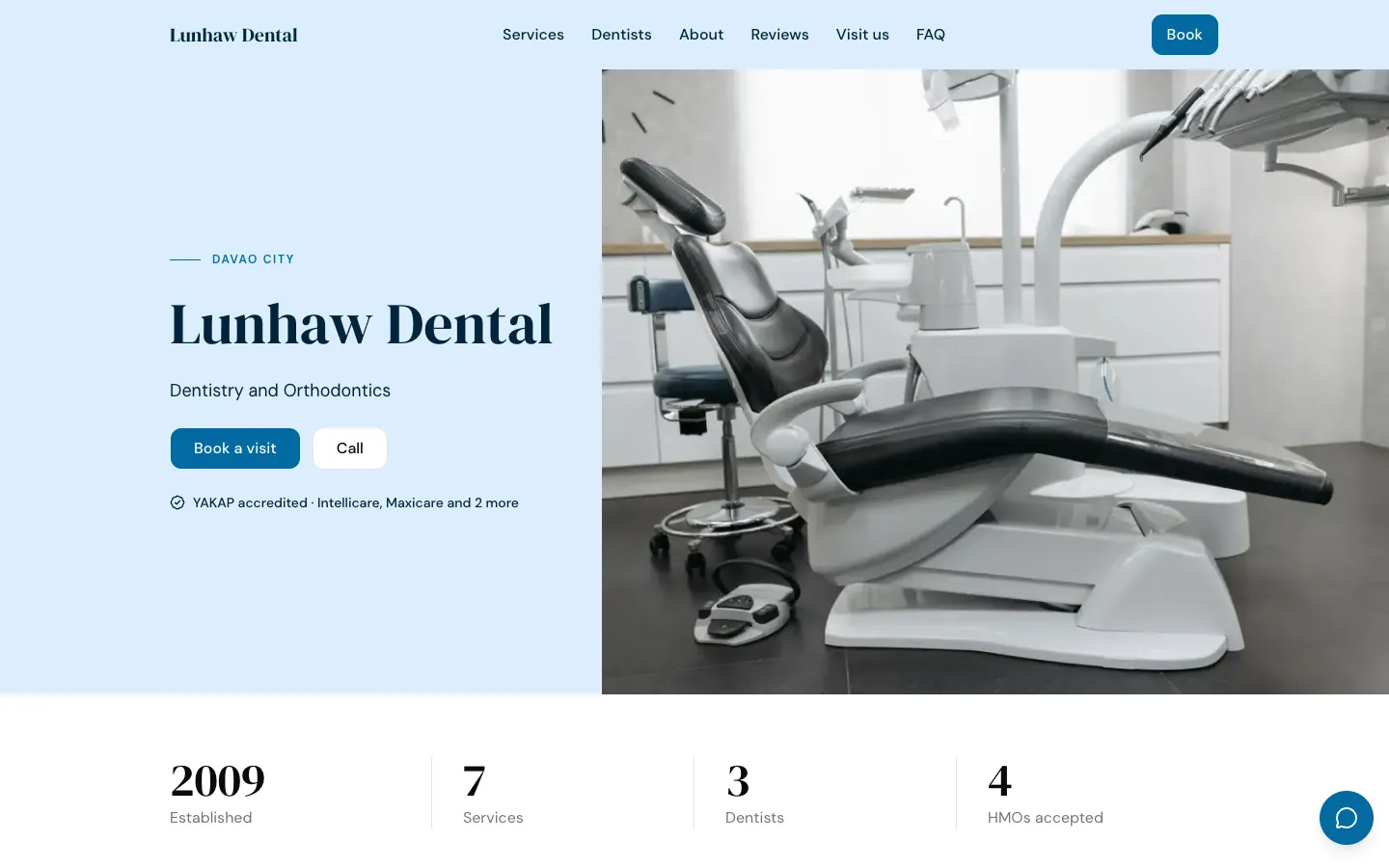 The website of Lunhaw Dental, a dental clinic, on a computer, with its clinic photo, the HMOs it accepts and a Book a visit button