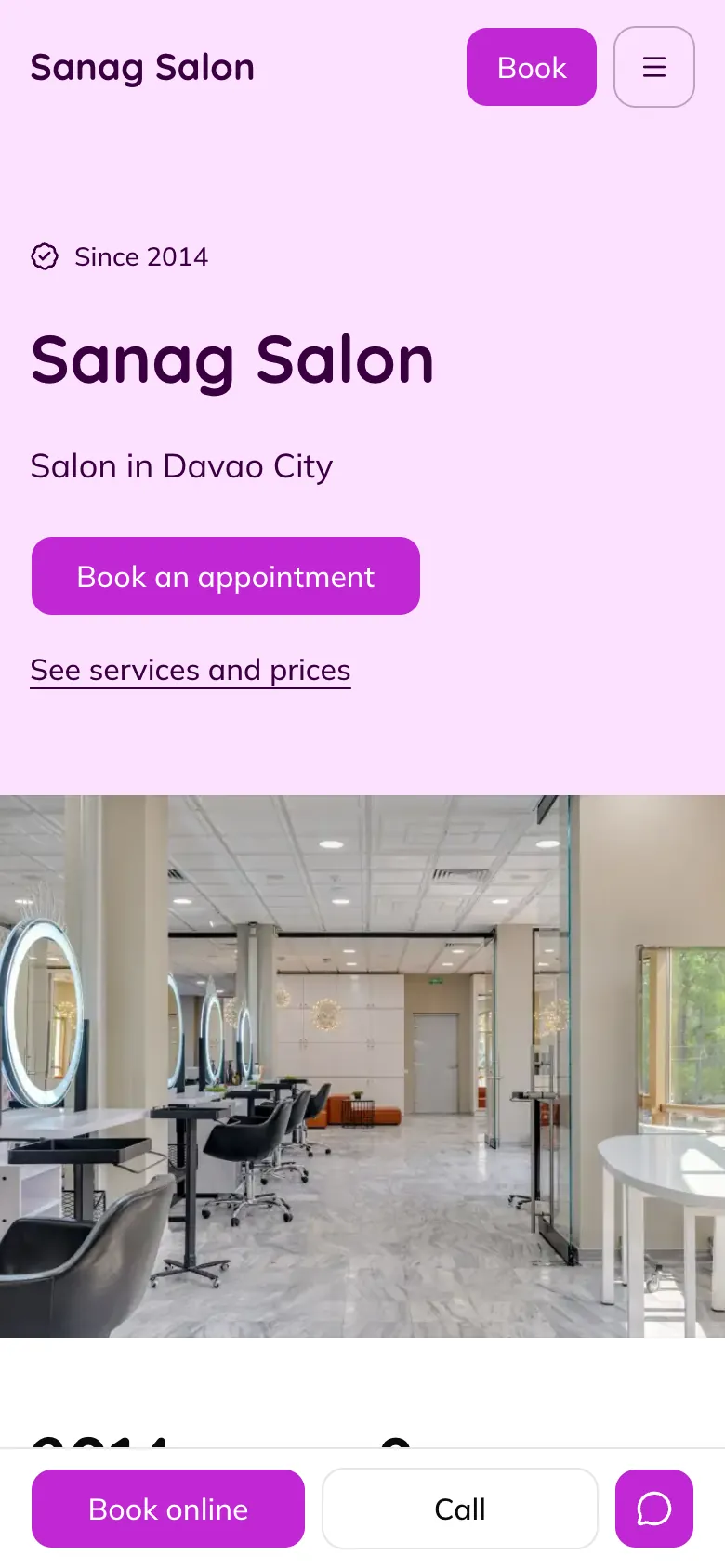 The website of Sanag Salon, a salon, on a phone, with a Book an appointment button and a photo of the salon